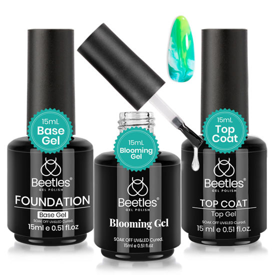 Picture of Beetles Nail Blooming Gel & No Wipe Gel Base Top Coat Set, 3PCS 15ML Shine Finish Long Lasting Top Base Gel Spreading Marble Effect Soak off UV LED Nail Art Valentine's Day Gift for Women
