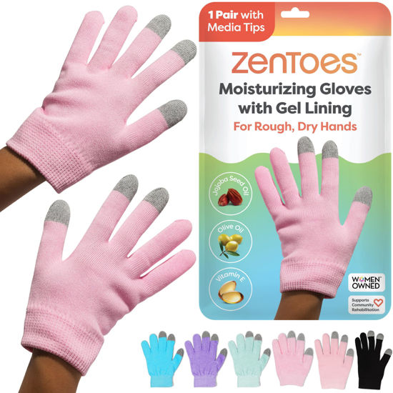 Picture of ZenToes Moisturizing Gloves for Dry Hands and Eczema, Gel Infused with Jojoba Seed Oil, Olive Oil and Vitamin E, Overnight Hand Moisturizer (OSFM, Cotton Pink)