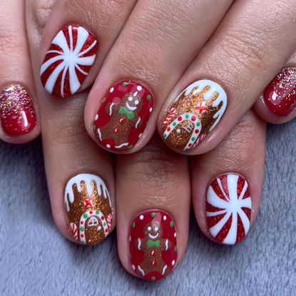 Picture of Christmas Press on Nails Short Square Fake Nails Christmas Stripe Cane Candy False Nail Tips Full Cover Glue on Nails Christmas Red Nails Winter Stick on Nails for Women Manicure, 24Pcs