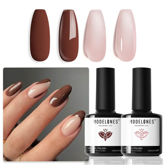 Picture of modelones Gel Nail Polish Set 2 Pcs 15 ML Nude Brown Gel Polish Kit Neutral Skin Tone Translucent Nude Soak Off Gel Nail Kit Manicure DIY At Home Nail Art Salon Gift For Women Girl