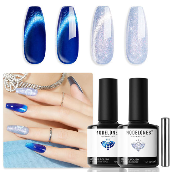 Picture of modelones Gel Nail Polish Set 2 PCS 15 ML Blue Cat Eye Gel Nail Polish Glitter Galaxy Dark Blue 9D Nail Gel Polish With Magnet Light Blue White Shimmer Soak Off Led Nail Art Gel DIY Salon For Women