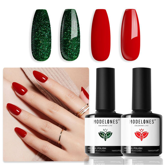 Picture of modelones Gel Nail Polish Set 2 Pcs 15 ML Red Green Glitter Gel Nail Polish Silver Champagne Rose Gold Spring Valentines Day Shades Gel Polish Kit Soak Off Nail Art Manicure Home Gift For Women Girl