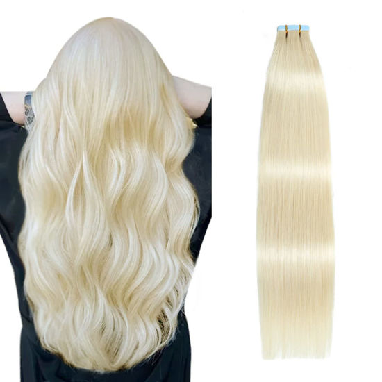 Picture of SUYYA Tape in Hair Extensions Human Hair Platinum Blonde 18 Inch 50g/pack 20pcs Straight Seamless Skin Weft Tape in Real Human Hair Extensions(18inch #60)