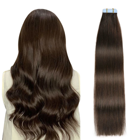 Picture of SUYYA Tape in Hair Extensions Human Hair Darkest Brown 26 Inch 60g/pack 20pcs Straight Seamless Skin Weft Tape in Real Human Hair Extensions(26inch #2 Darkest Brown)