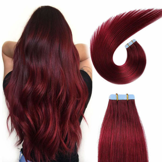 Picture of SUYYA Tape in Hair Extensions Human Hair Wine Red 14 inch 100% Remy Human Hair 40g/pack 20pcs Straight Seamless Skin Weft Tape Hair Extensions 99j (14 inches #Burgundy)