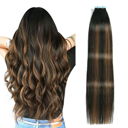 Picture of SUYYA Tape in Hair Extensions Human Hair Balayage Natural Black to Chestnut Brown 16 Inch 40g/pack 20pcs Straight Seamless Skin Weft Tape in Real Human Hair Extensions(16inch #P1B/6/T1B)