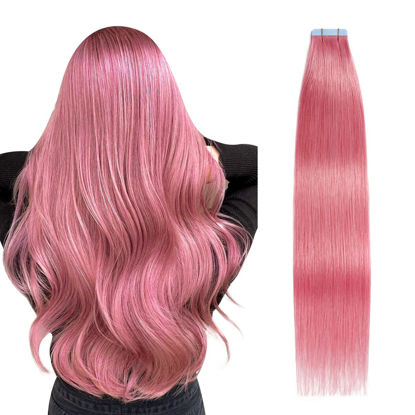 Picture of SUYYA Tape in Hair Extensions Human Hair Hot Pink Tape in Hair Extensions 20 Inch 10PCS/Pack Straight Tape in Extensions 25g