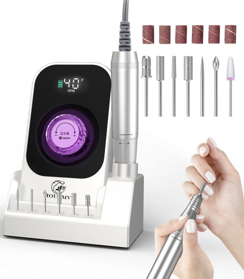 Picture of Portable Nail Drill Electric File: 40000RPM Professional Rechargeable Nail E-File Machine, Cordless Nail Drill with Bits & Base for Acrylic Nails Remove Nail Gel Polish Manicure for Salon Home, White