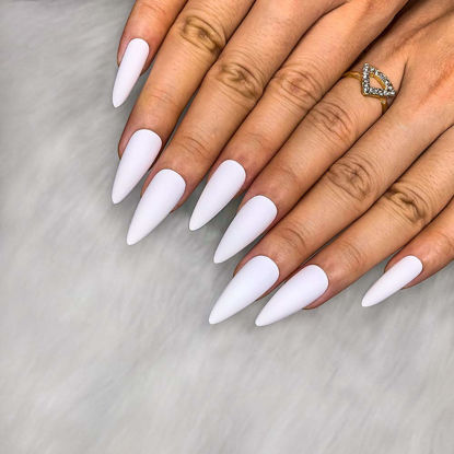 Picture of Morily 24pcs Fake Nails Matte Pure Color Medium Long Stiletto Almond Press on Nails False Tips Artificial Finger Manicure for Women (White)