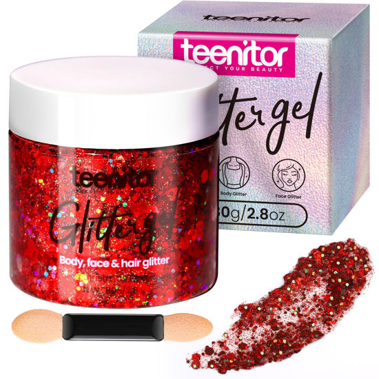 Picture of Teenitor Body Glitter, Red Glitter, Body Glitter Gel, Hair Glitter, Face Glitter, 80g/2.8oz Red Glitter Gel for Face, Makeup, Hair, Eye