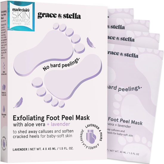 Picture of grace & stella Award-Winning Foot Peel Mask - Foot Peeling Mask with Aloe Vera - Moisturizing Foot Mask for Dry Cracked Feet - Foot Exfoliator for Baby Soft Feet (4 Pairs, Lavender)