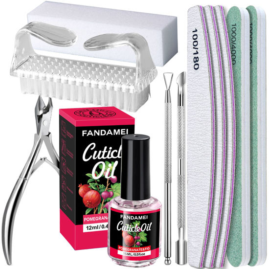 Picture of FANDAMEI Nail Files and Buffers Kit, Cuticle Remover Kit with Nail File, Buffer, Buffer Block, Cuticle Nipper, Pusher & Peeler. Nail Cuticle Oil Pomegranate for Nail Care