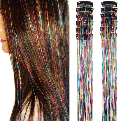Picture of Rainbow Hair Tinsel Pack of 12 Pcs Clip in Hair Tinsel 20 Inch Glitter Tinsel Hair Extensions, Festival Tinsel Fairy Hair Extension Party Dazzle Hair Accessories Strands Kit (12Pcs,Rainbow#)