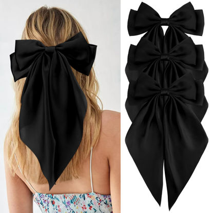 Picture of Velscrun 3Pcs Hair Bows for Women Black Hair Bow Big Hair Bows Clips for Girls Silky Satin Large Hair Ribbons Oversized Long Tail Hair Bows Hair Barrettes Hair Accessories Christmas Gifts