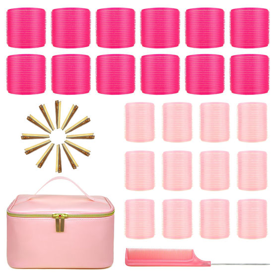 Picture of 38Pcs Jumbo Size Hair Rollers with Free Large Cosmetic Bag,12 Clips, 2 Size(12xJUMBO+12xLARGE),1 Comb,ARTIRNANOG Hair Curlers Rollers for Long Medium Short Thick Fine Thin Hair Bangs Volume