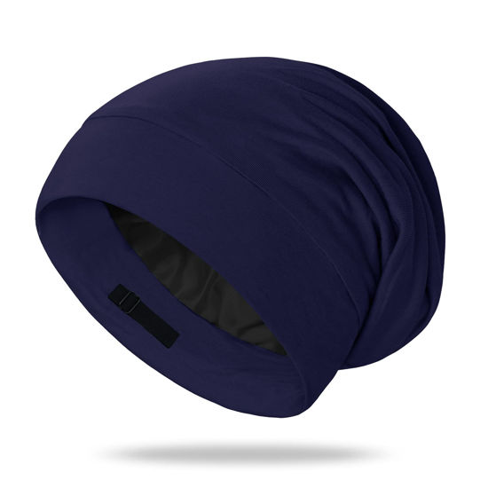 Picture of OLESILK Mulberry Silk Bonnet for Men, Mens Bonnet for Curly Hair, 100% Real Silk Hair Bonnet for Sleeping, Night Cap for Frizzy Hair, Navy