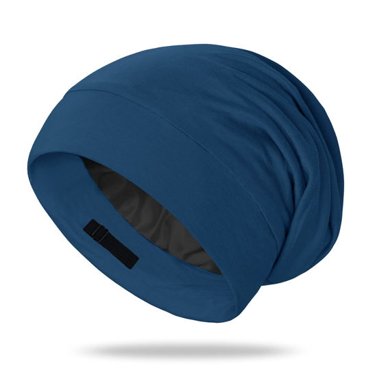 Picture of OLESILK Mulberry Silk Bonnet for Men, Mens Bonnet for Curly Hair, 100% Real Silk Hair Bonnet for Sleeping, Night Cap for Frizzy Hair, Royalblue