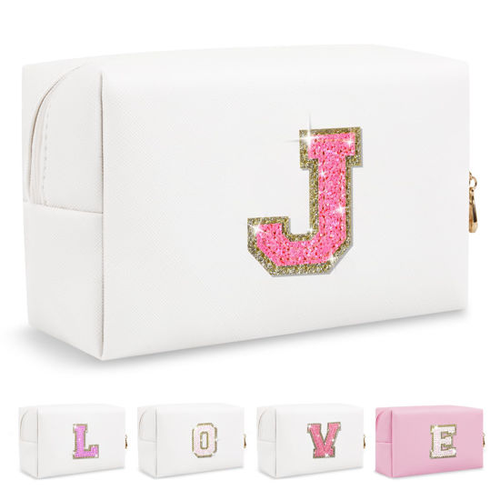 Picture of Small Personalized Initial A-Z Patch Makeup Bag,White Cute PU Leather Glitter Letter Cosmetic Bag for Teen Girls,Travel Toiletry Bag with Zipper,Preppy Monogrammed Birthday Gift for Daughter Niece J