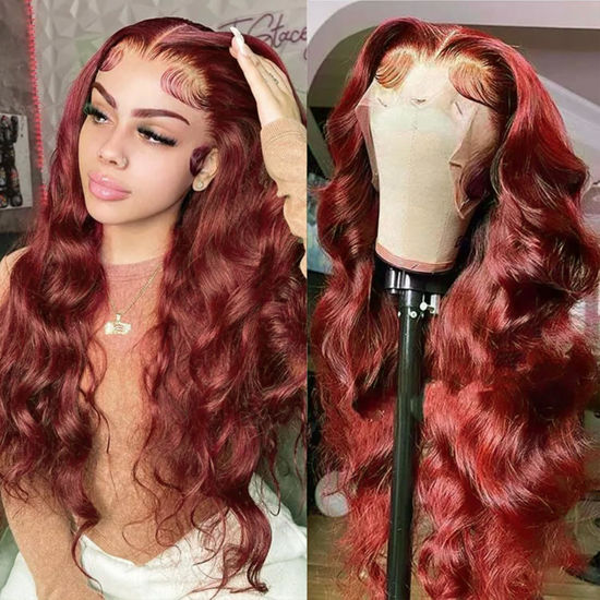 Picture of SPOU Reddish Brown 350# Colored 13x6 Body Wave Lace Front Wigs Human Hair 26 Inch 180 Density 13x6 HD Lace Frontal Wigs Human Hair Pre Plucked Copper Red Glueless Wigs Lace Front Human Hair for Women