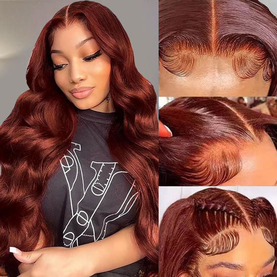 Picture of SPOU Reddish Brown 13x6 Lace Front Wigs Human Hair 180% Density Body Wave 350# Colored Glueless Wigs Human Hair 12a HD Transparent Lace Front Wigs Pre Plucked with Baby Hair for Women 22 Inch