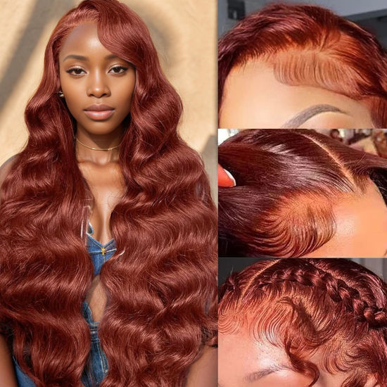 Picture of SPOU 32Inch 13x6 Body Wave Lace Front Wigs Human Hair 180 Density Reddish Brown Human Hair Wigs Pre Plucked 350# Auburn Colored HD Lace Frontal Wigs for Women Copper Red Virgin Brazlian Human Hair