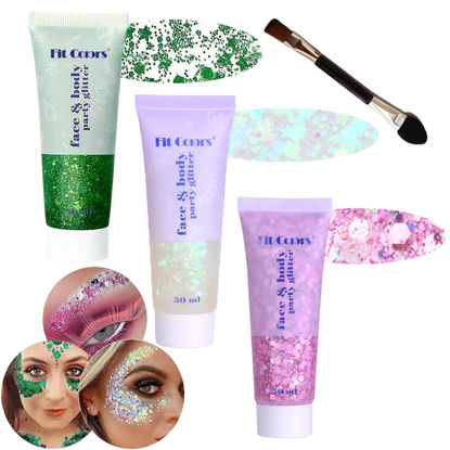 Picture of Body Glitter Face Glitter Gel: Singer Concerts Disco Festival Rave Accessories Face Glitter Makeup 150ml Chunky Sequins Mermaid Face Body Hair Glitter Gel (Green&White&Pink)