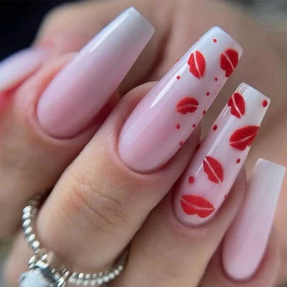 Picture of Foccna Press on Nails Long Rhinestone Pink Fake Nails Black Nails Square Bling Glossy 3D Flower False Nail Tips Artificial Nails Finger Manicure for Women and Girls-24pcs (Long Nails 4)