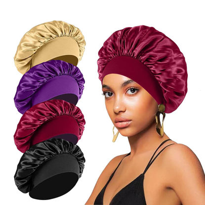 Picture of 4PCS Silk Bonnet for Sleeping,Hair Wrap Satin Bonnets Shower Cap for Black Women Men, Elastic Wide Band Hair Bonnet Cap for Sleeping Curly Hair(Black & Wine Red & Purple & Brown)