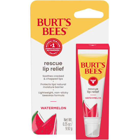 Picture of Burts Bees Valentines Day Gifts, Rescue Lip Relief, Watermelon Flavor, Soothes Cracked and Chapped Lips, Lightweight Formula, 100% Natural Origin, 0.35 Oz. Squeezy Tube