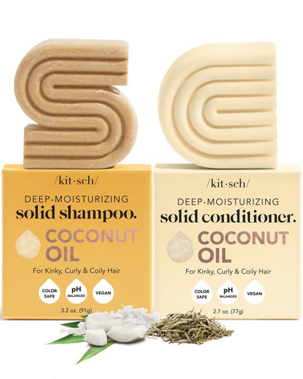 Picture of Kitsch Deep Moisturizing Coconut Oil Shampoo and Conditioner Set for Dry Damaged Hair, Hydrating & Nourishing Solid Bar for Kinky, Curly, Coily & Color Treated Hair, Sulfate & Paraben-free, Made in US