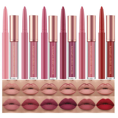 Picture of BestLand 12Pcs Matte Liquid Lipstick + Lip Liner Pens Set, One Step Lips Makeup Sets Pigment Velvety Nude Lip Stain Waterproof Long Wear Lip Gloss Make up Gift Set (Set B)