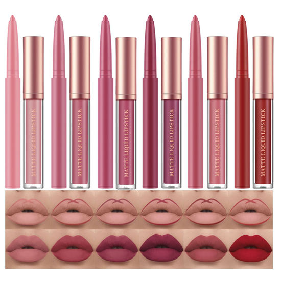 Picture of BestLand 12Pcs Matte Liquid Lipstick + Lip Liner Pens Set, One Step Lips Makeup Sets Pigment Velvety Nude Lip Stain Waterproof Long Wear Lip Gloss Make up Gift Set (Set B)