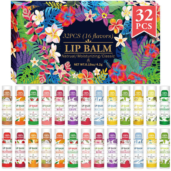 Picture of 32 Pack Lip Balm, Natural Lip Balm Bulk with Vitamin E and Coconut Oil, Hydrating Lip Balm for Dry Lips, Bulk Lip Balm for Stocking Stuffers - 16 Flavors