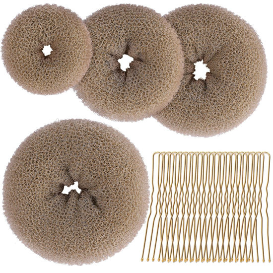 Picture of Teenitor Hair Bun Shaper Set, 4Pcs Hair Donut Bun Maker(Extra-large, Large, Medium, Small) with 20 pcs Large Bobby Pins, Tan Brown