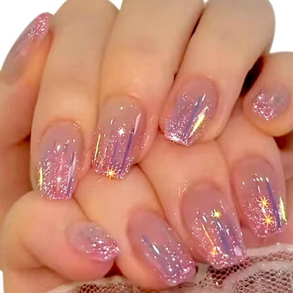 Picture of WAFOLOZE Short Press on Nails Coffin Fake Nails, Nails Press ons Flash Powder Purple Sequins Glue on Nails Short Glossy Acrylic Artificial Nails Stick on Nails for Women 24Pcs