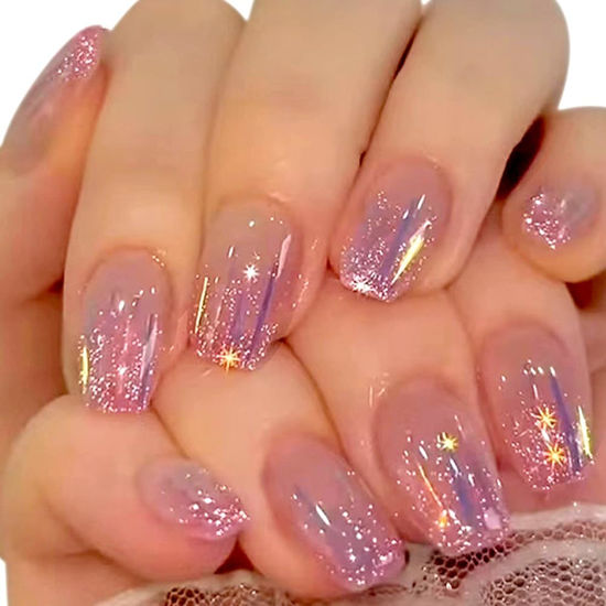 Picture of WAFOLOZE Short Press on Nails Coffin Fake Nails, Nails Press ons Flash Powder Purple Sequins Glue on Nails Short Glossy Acrylic Artificial Nails Stick on Nails for Women 24Pcs