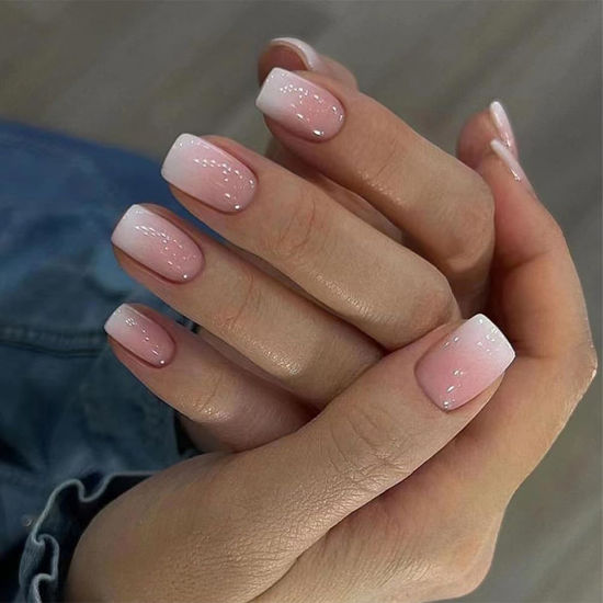 Picture of 24Pcs Acrylic Press on Nails medium Glossy Ombre Nued Fake/False Nails With Designs White French Tip Nails Artificial Nails Stick on Nails For Women Girls