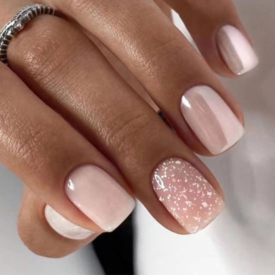 Picture of WAFOLOZE Short Square Press on Nails Fake Nails, Nails Press ons Chrome Glue on Nails Short Glossy Acrylic Artificial Nails Stick on Nails for Women 24Pcs