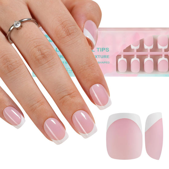 Picture of Misssix French Gel Nail Tips, 150Pcs French Tip Press on Nails Short Square Pink, No Need to File 3 in 1 Tips Pre-lasting, Gel Fake Nails for Nail Art DIY 15 Sizes