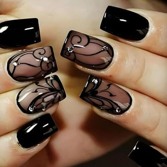 Picture of Curvlife Press on Nails Acrylic Fake Nails with Design Full Cover False Nails for Women Reusable Nail Kit with Nail Glue Adhesive Tabs Nail File (Black texture, 30pcs)