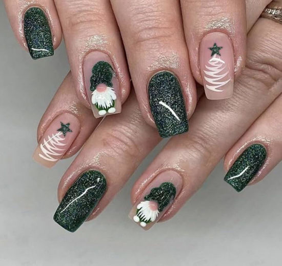 Picture of Curvlife Press on Nails Acrylic Fake Nails with Design Full Cover False Nails for Women Reusable Nail Kit with Nail Glue Adhesive Tabs Nail File (Green Christmas, 32pcs)