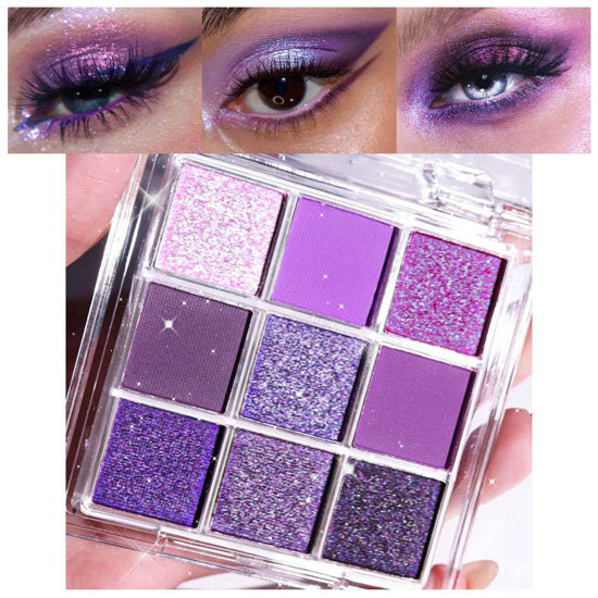 Picture of evpct 9 Colors Purple Violet Lavender Glitter Shimmer Sparkly Eyeshadow Mermaid Halloween Makeup Palette for women Highly Pigmented Waterproof Mauve Bright Purple Pink Sparkling Eye Shadow Palette Kit
