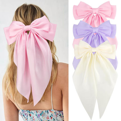 Picture of Velscrun Hair Bows for Women Girls 3Pcs White Pink Purple Silky Satin Large Bows Hair Clip Oversized Hair Ribbons Long Tail Big Bows Hair Accessories