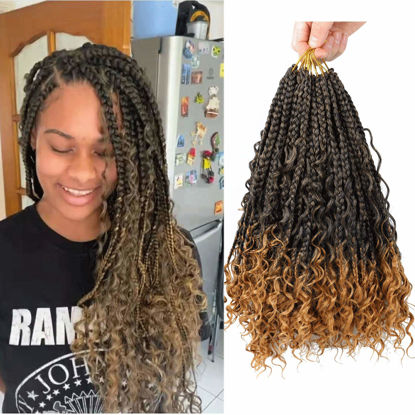 Picture of LMZIM 12 Inch Goddess Box Braids Crochet Hair Bohomian Crochet Box Braids Curly Ends 8 Pack 3X Crochet Braids Synthetic Braiding Hair Extension (12inch(pack of 8), T1B/27）