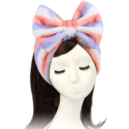 Picture of Shintop Women Fashion Lovely Soft Carol Fleece Bowknot Bow Makeup Cosmetic Shower Elastic Hair Band Hairlace Headband (Purple Stripe)