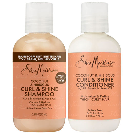 Picture of SheaMoisture Curl & Shine Shampoo & Conditioner, Travel-Size - Coconut & Hibiscus Curly Hair Products for Shine & Frizz Control, 3.2 Oz Ea (2 Piece Set)