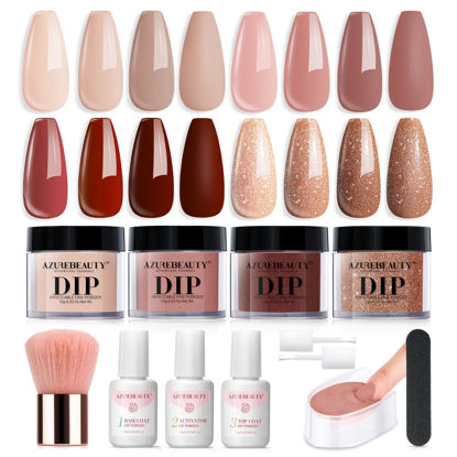 Picture of AZUREBEAUTY Dip Powder Nail Kit Starter, 4 Colors Skin Nude Brown Glitter, Acrylic Dipping Powder Liquid Set with Base/Top Coat Activator for Daily French Nail Art Manicure DIY Gift 12 Pcs