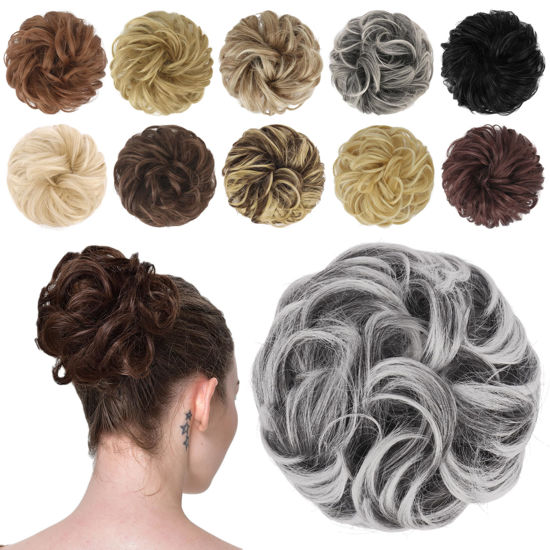Picture of FESHFEN Messy Hair Bun Hair Pieces Elastic Wavy Curly Hair Bun Scrunchies Extensions Synthetic Chignon Hairpieces for Women Girls, Black with White Tips 1 PCS