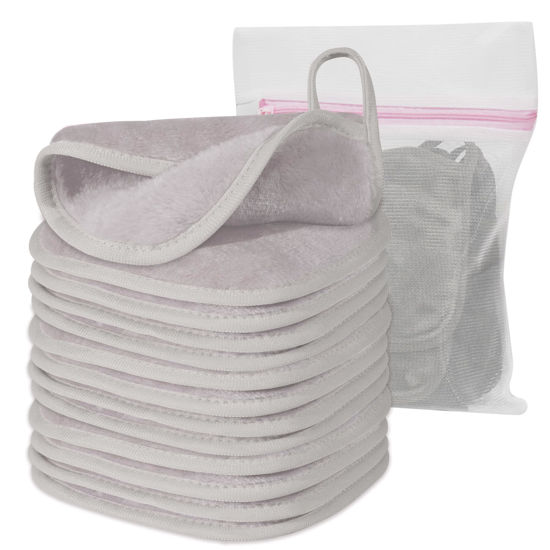 Picture of Natwag Makeup Remover Cloth, 6" x 6" Make Up Towels Reusable Face Cloth for Washing Face, 12 Pack Makeup Remover Pads Microfiber Face Washcloth with Mesh Bag, Light Grey