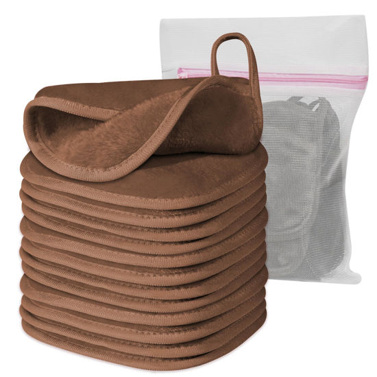 Picture of Natwag Makeup Remover Cloth, 6" x 6" Make Up Towels Reusable Face Cloth for Washing Face, Makeup Remover Pads Microfiber Face Washcloth with Mesh Bag, Just Water, 12 Pack, Brown